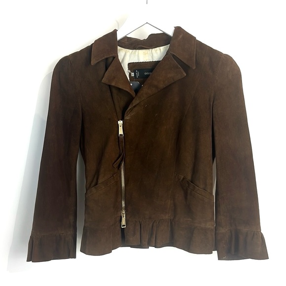 DSQUARED2 Brown Suede Ruffle-Trim Moto Jacket - Picture 1 of 11